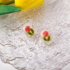 Pink & Green Rose Oval Stud Earrings