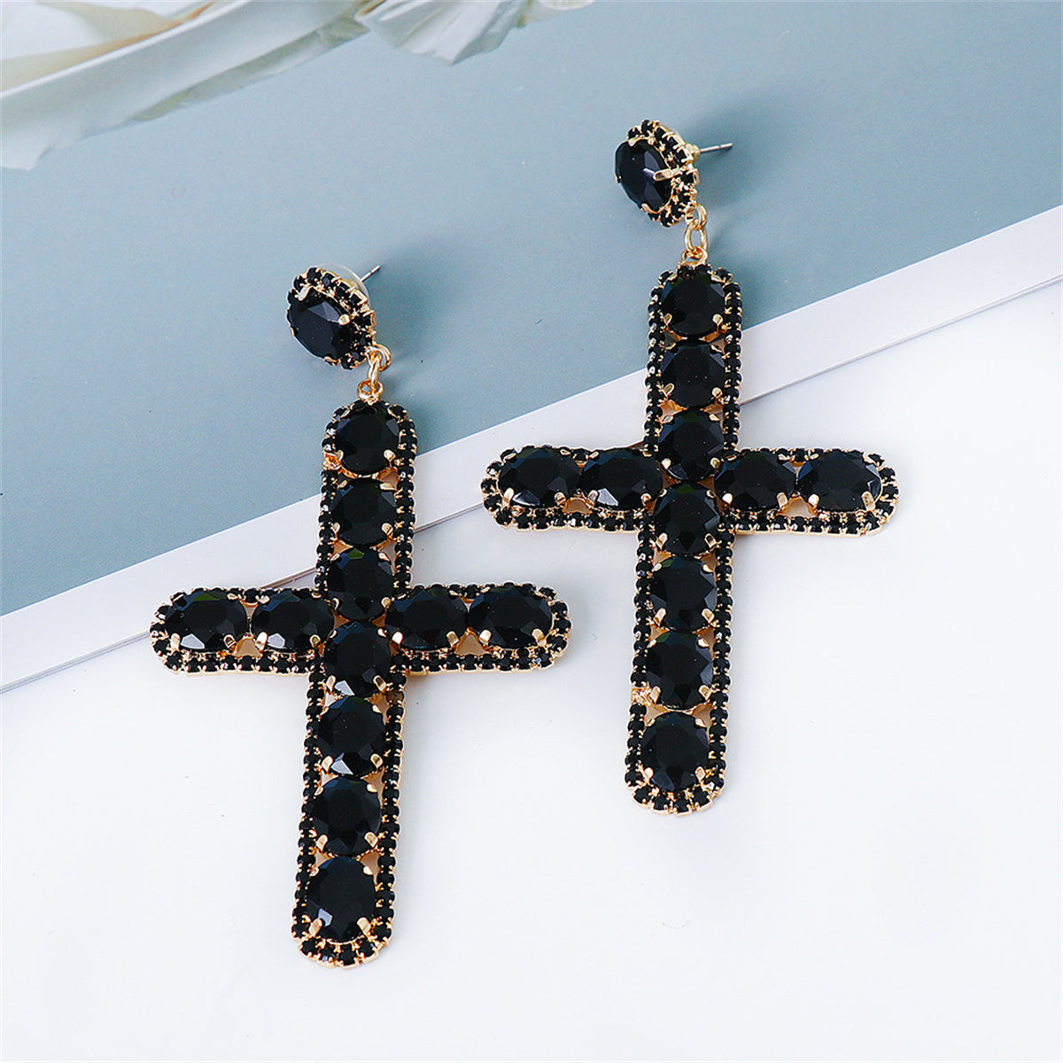 Black Crystal & Cubic Zirconia 18K Gold-Plated Cross Drop Earrings