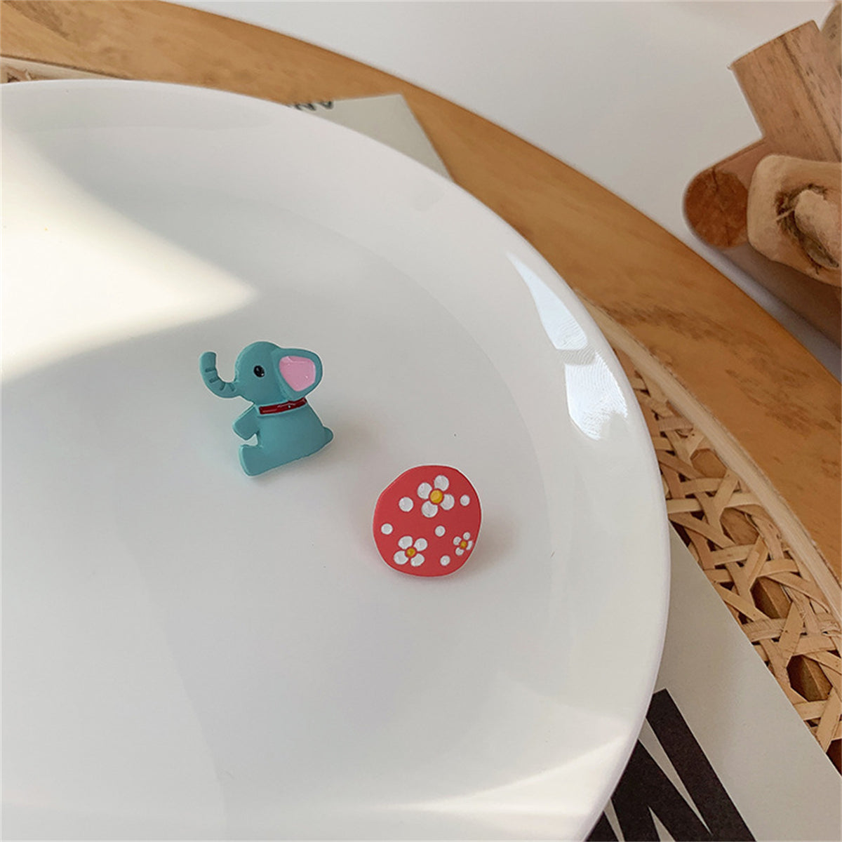 Pink Flower and Teal Enamel Elephant Mismatch Stud Earrings, stud earrings for women, lifestyle look
