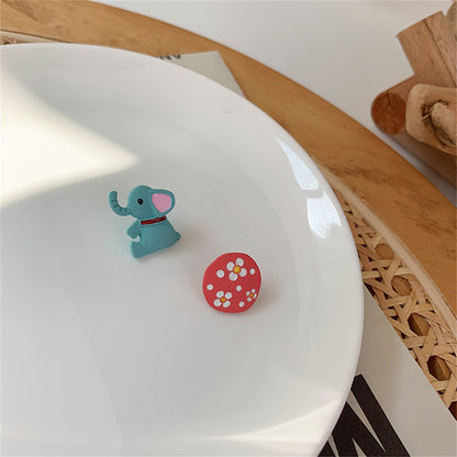Pink Flower and Teal Enamel Elephant Mismatch Stud Earrings, stud earrings for women, lifestyle look
