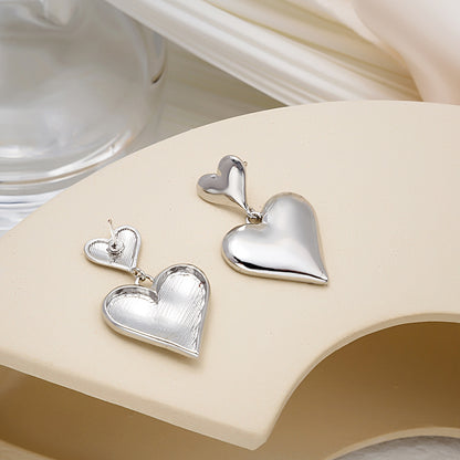 Silver-Plated Double Heart Drop Earrings, silver drop earrings for women, everyday style, side view