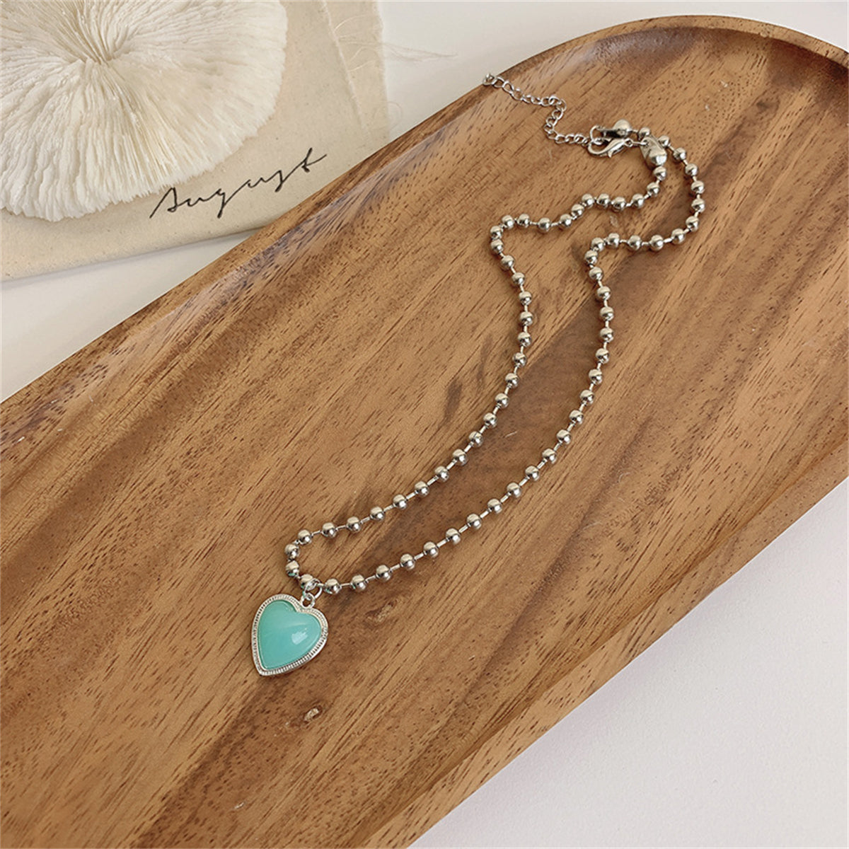 Aqua Resin & Silver-Plated Ball Chain Heart Pendant Necklace