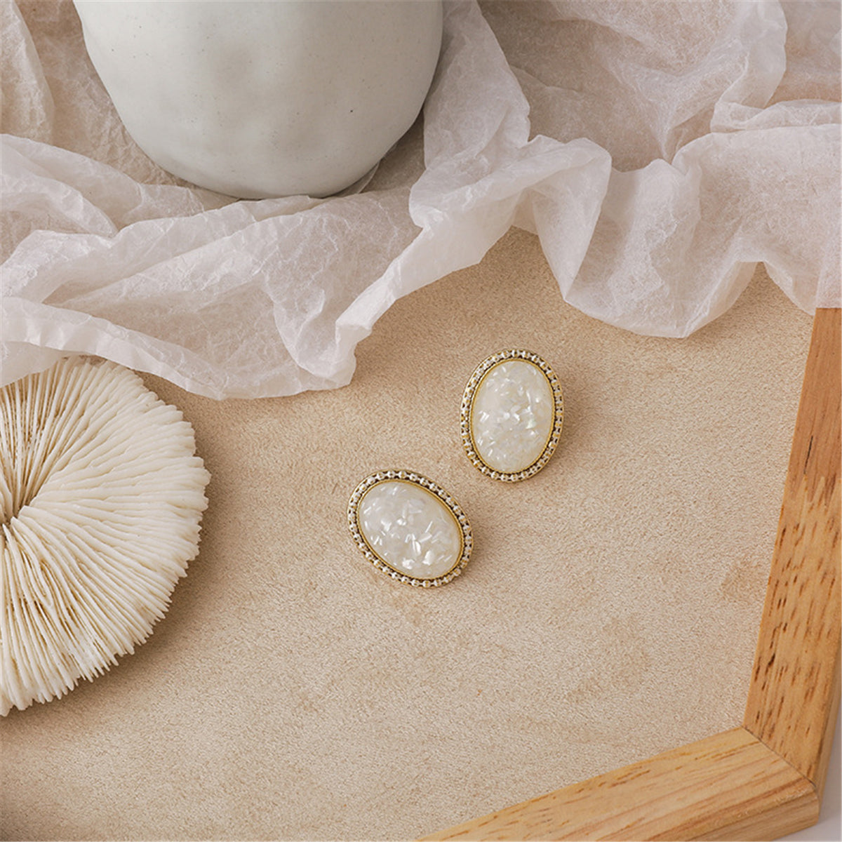 White Resin and 18K Gold-Plated Oval Stud Earrings, gold stud earrings for women, dainty minimalist design, front view