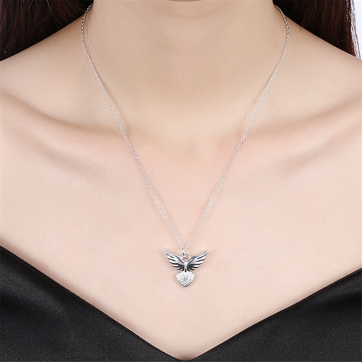 cubic zirconia & Silver-Plated Flying Heart Pendant Necklace - streetregion