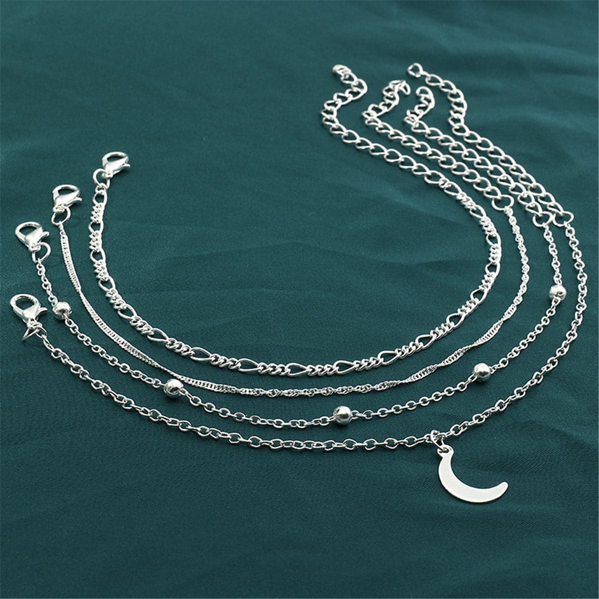 Silver-Plated Moon Charm Anklet Set, jewelry gift sets for women, dainty minimalist design, side view