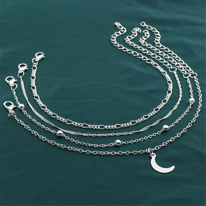 Silver-Plated Moon Charm Anklet Set, jewelry gift sets for women, dainty minimalist design, side view
