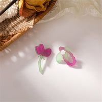 Pink & Green Acrylic Asymmetric Floral Drop Earrings