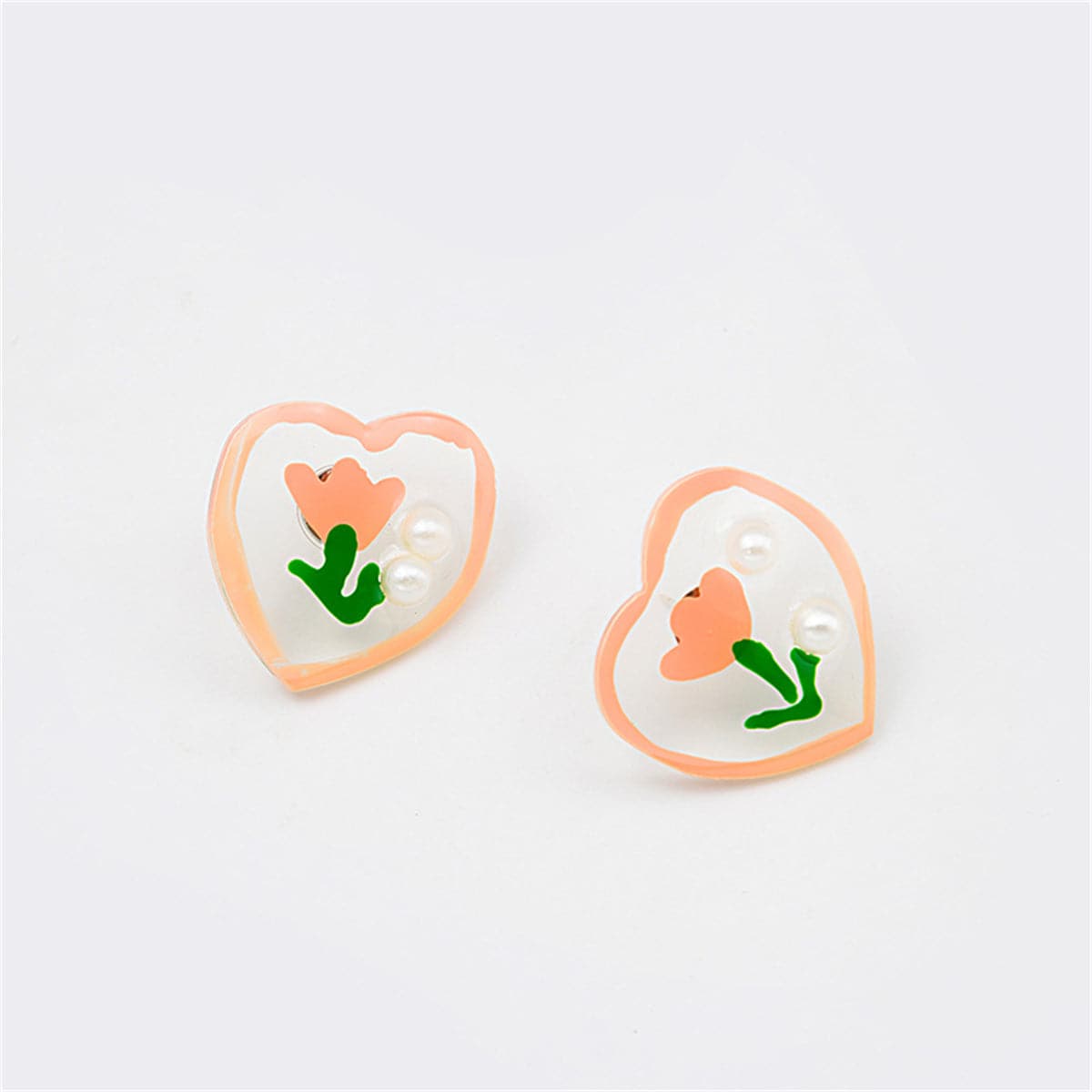 Pearl and Pink Tulip Heart Stud Earrings, stud earrings for women, dainty minimalist design, styled look