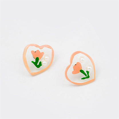 Pearl and Pink Tulip Heart Stud Earrings, stud earrings for women, dainty minimalist design, styled look
