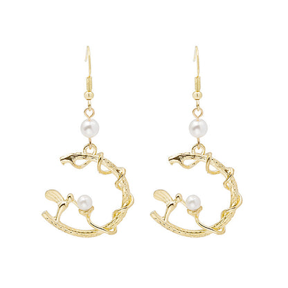 Pearl and 18K Gold-Plated Bird Circle Drop Earring, gold drop earrings for women, vintage-inspired design, styled look