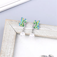 Green & Imitation Pearl Butterfly Drop Earrings