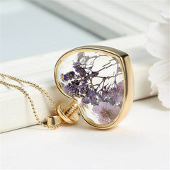 Purple Pressed Peach Blossom & 18K Gold-Plated Heart Pendant Necklace