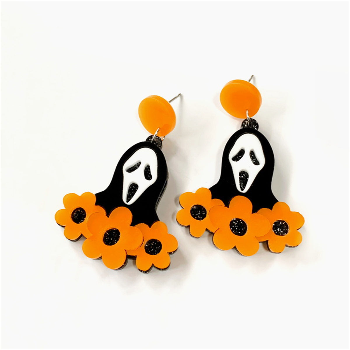 Orange Acrylic and 18K Gold-Plated Flower Ghost Drop Earrings, gold drop earrings for women, elegant gift for her, side view