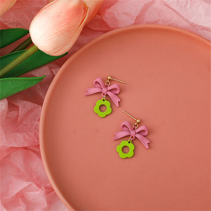 Green Enamel and 18K Gold-Plated Bow and Flower Drop Earrings, gold drop earrings for women, botanical inspired, side view