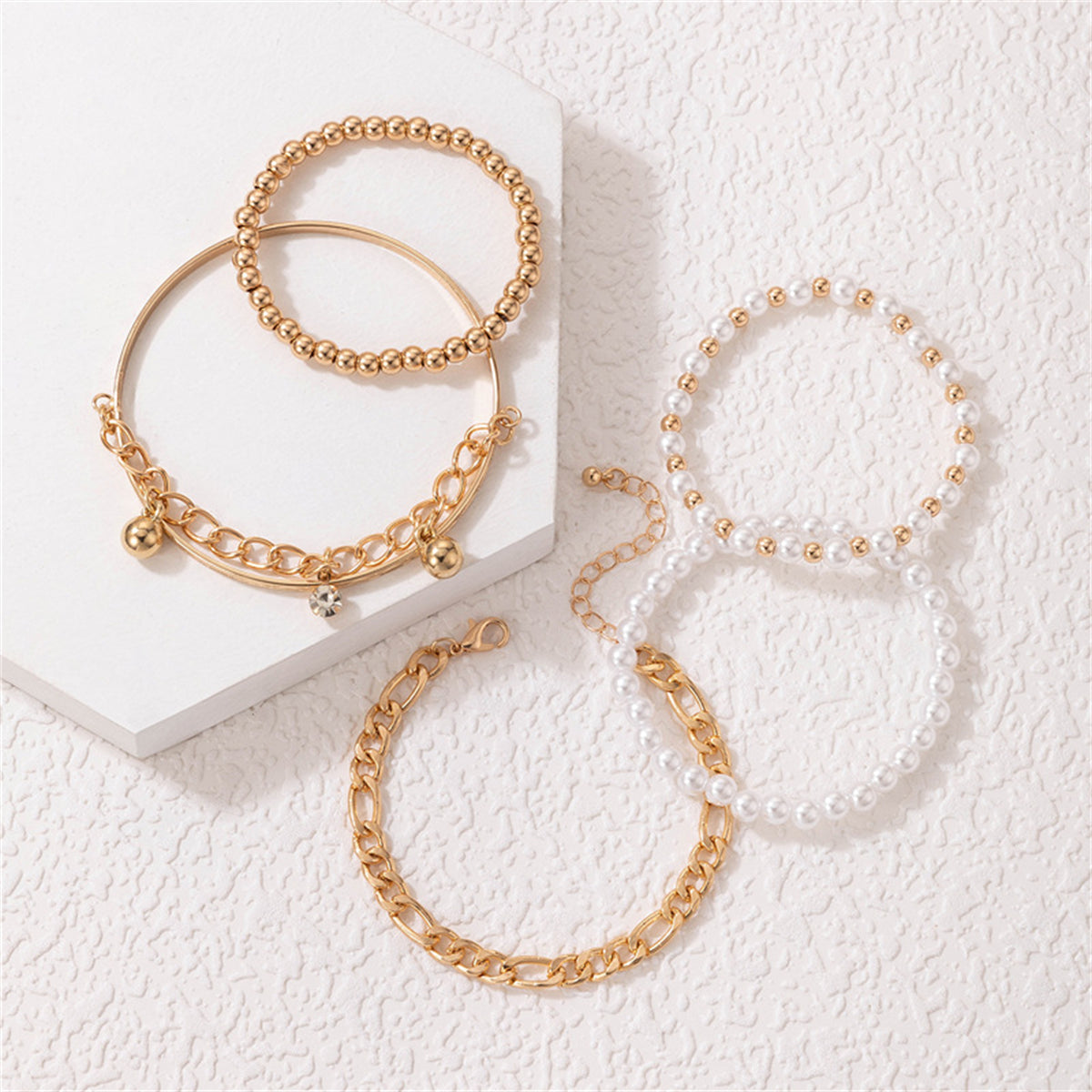 Cubic Zirconia & Pearl 18K Gold-Plated Beaded Stretch Bracelet Set