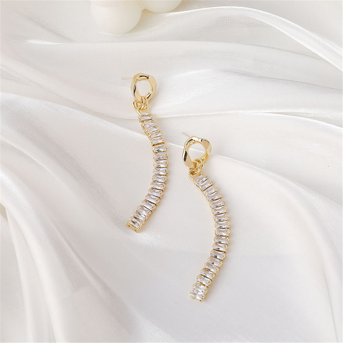 Crystal and 18K Gold-Plated Baguette-Cut Drop Earrings, gold drop earrings for women, everyday style, styled look