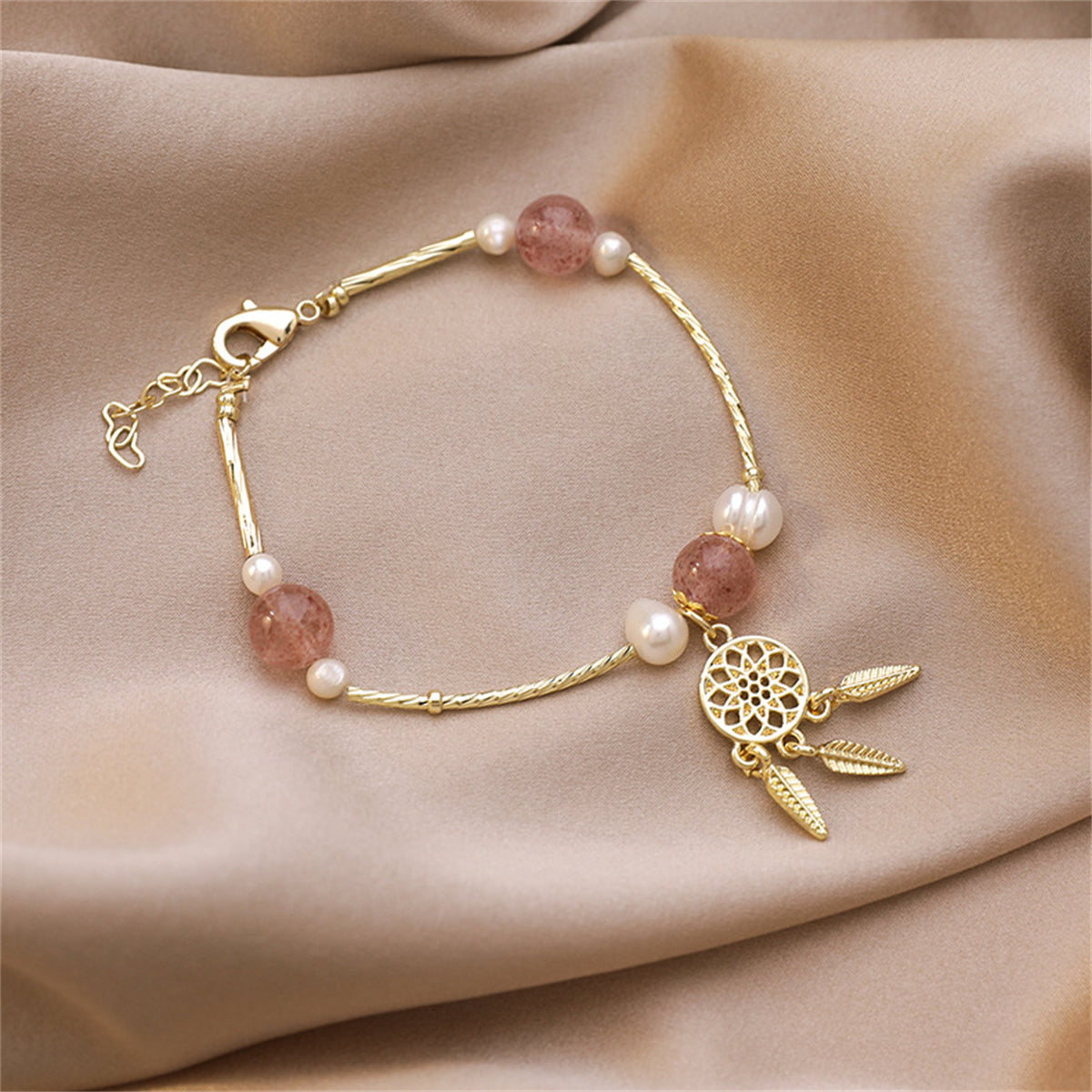 Crystal and Pearl 18K Gold-Plated Dreamcatcher Charm Bracelet, gold bracelet for women, everyday style, side view