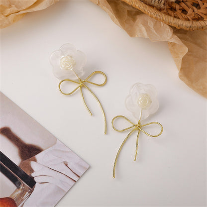 White Resin and 18K Gold-Plated Flower Bow Drop Earrings, gold drop earrings for women, everyday style, detail close-up