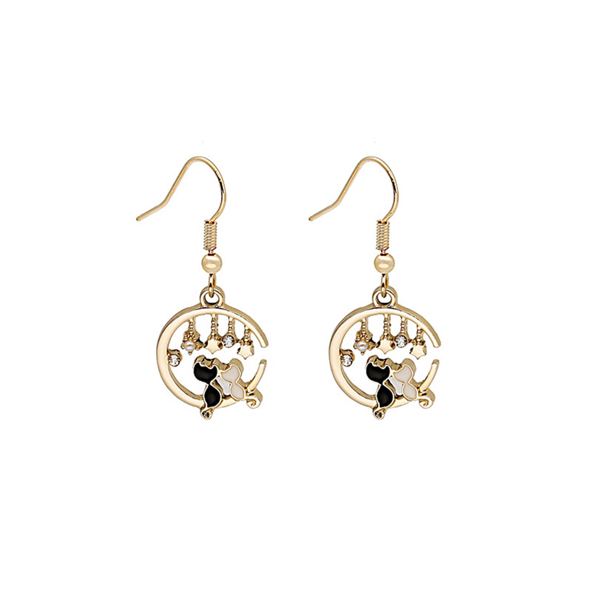Cubic Zirconia & Pearl Crescent Moon Cat Drop Earrings