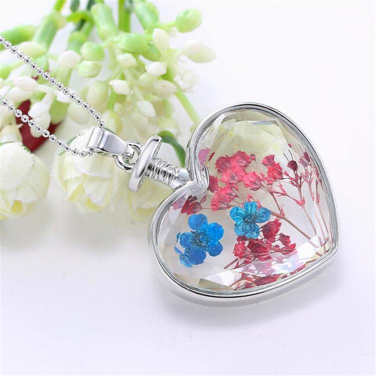 Pink & Blue Peach Blossom Heart Pendant Necklace