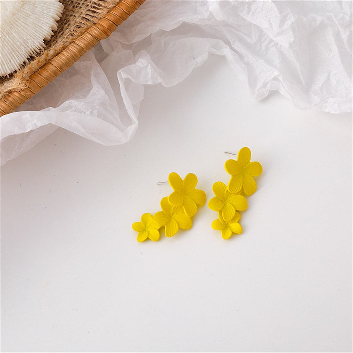 Yellow Enamel and Silver-Plated Linked Flower Drop Earrings, silver drop earrings for women, everyday style, side view