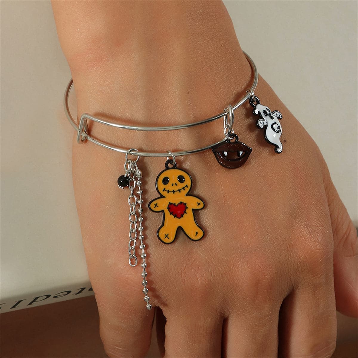 Brown and Silver-Plated Zombie Adjustable Charm Bangle, silver bangle bracelet, dainty minimalist design, front view