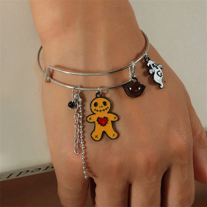 Brown and Silver-Plated Zombie Adjustable Charm Bangle, silver bangle bracelet, dainty minimalist design, front view