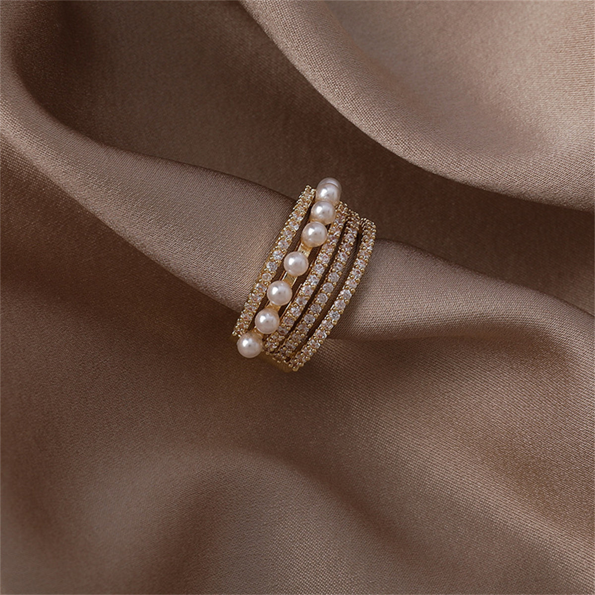 Pearl & Cubic Zirconia 18K Gold-Plated Pavé Layered Open Ring