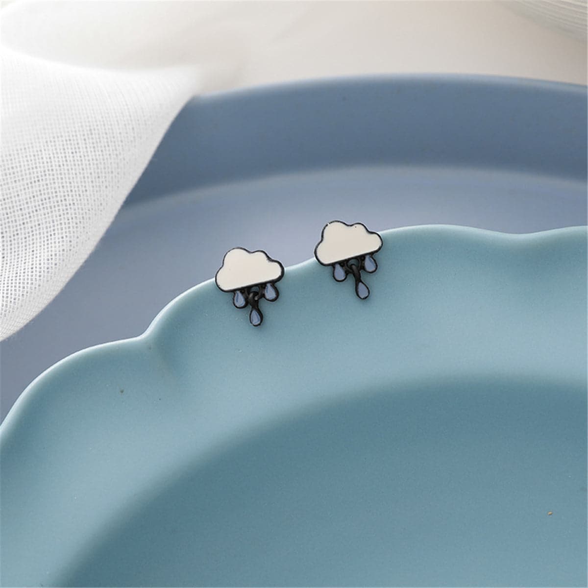 Blue Enamel Rain Cloud Drop Earrings, stud earrings for women, botanical inspired, front view
