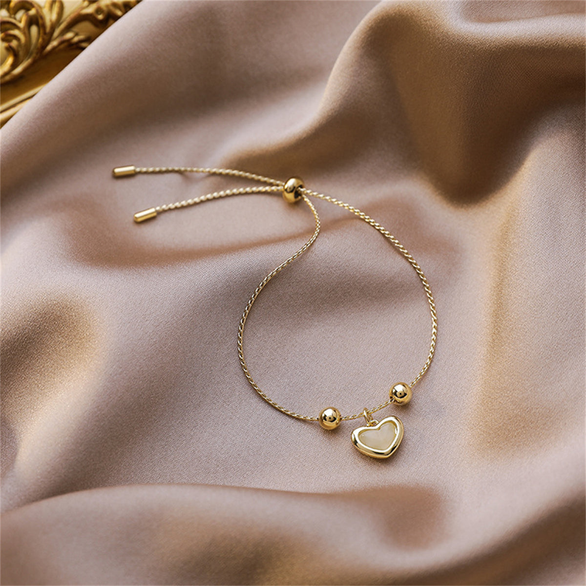 Cats Eye and 18K Gold-Plated Heart Charm Adjustable Bracelet, gold bracelet for women, botanical inspired, side view
