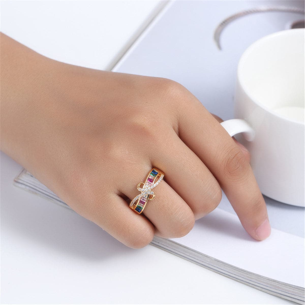 Cubic Zirconia & Rainbow Crystal Rattan Ring