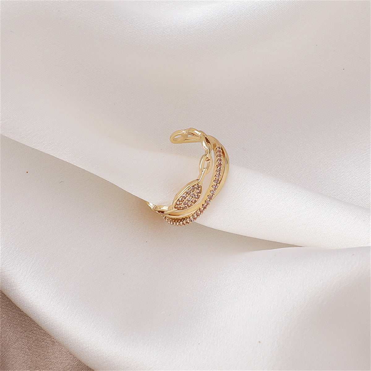 Cubic Zirconia and 18K Gold-Plated Layered Chain Adjustable Ring, gold statement rings for women, detail close-up