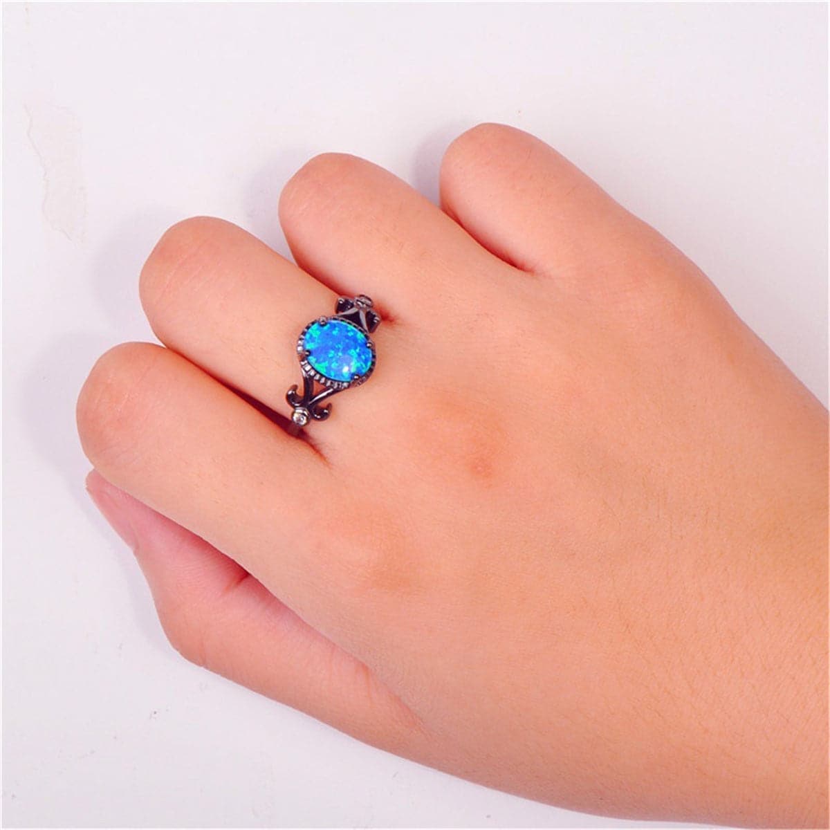 Blue Opal & Black-Plated Openwork Oval Ring - streetregion