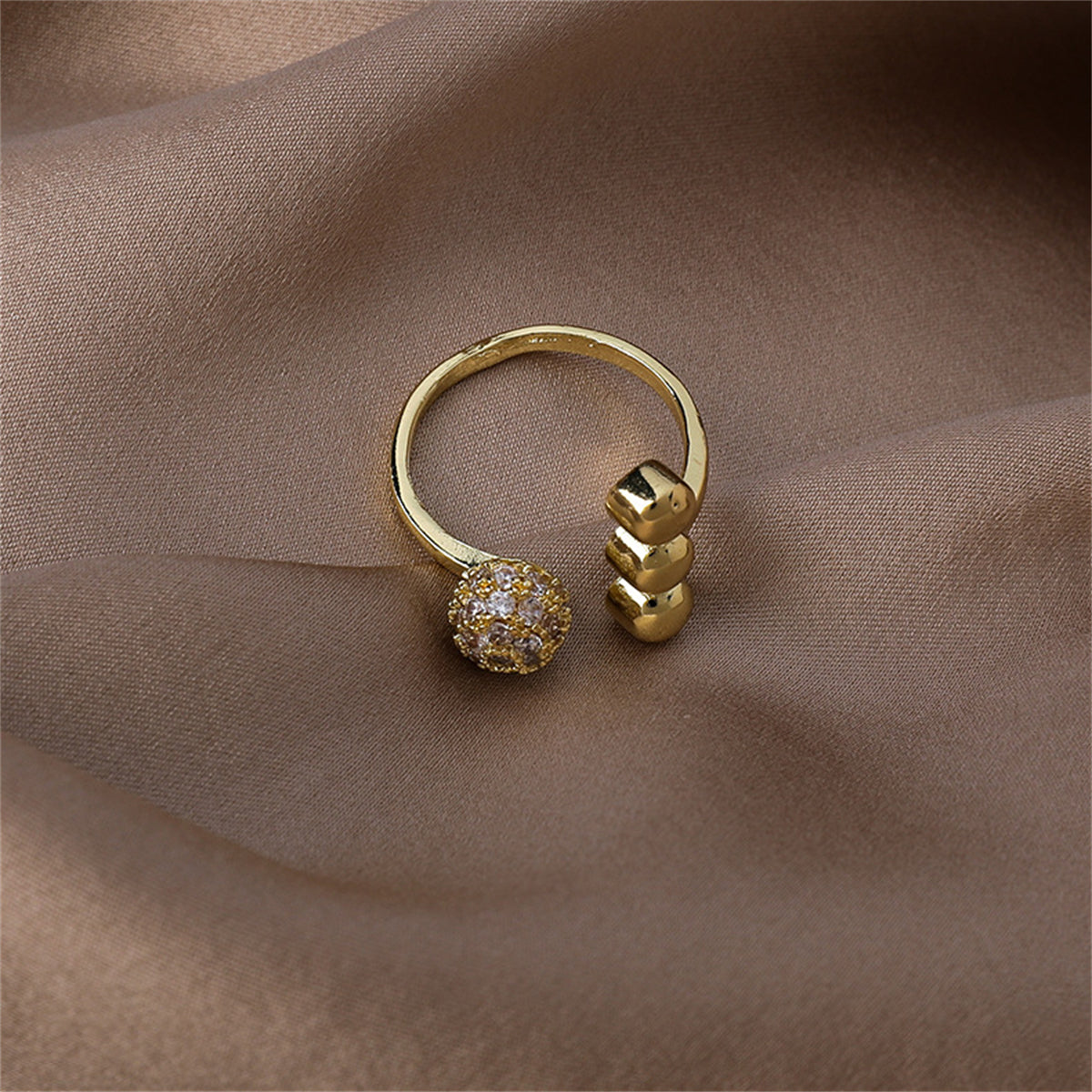 Cubic Zirconia and 18K Gold-Plated Ball Open Ring, gold statement rings for women, vintage-inspired design, side view