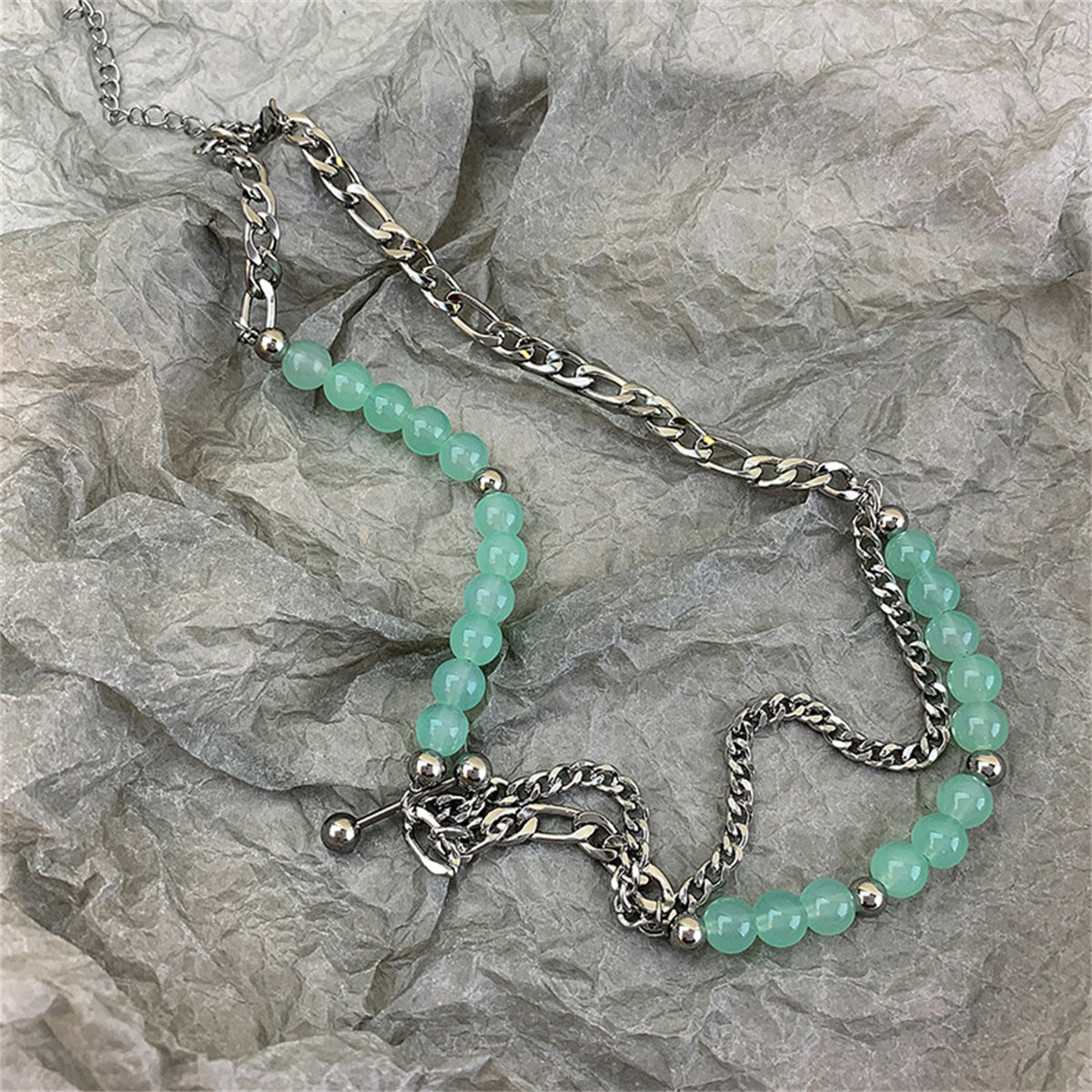 Jade & Silver-Plated Beaded Figaro Chain Layered Necklace