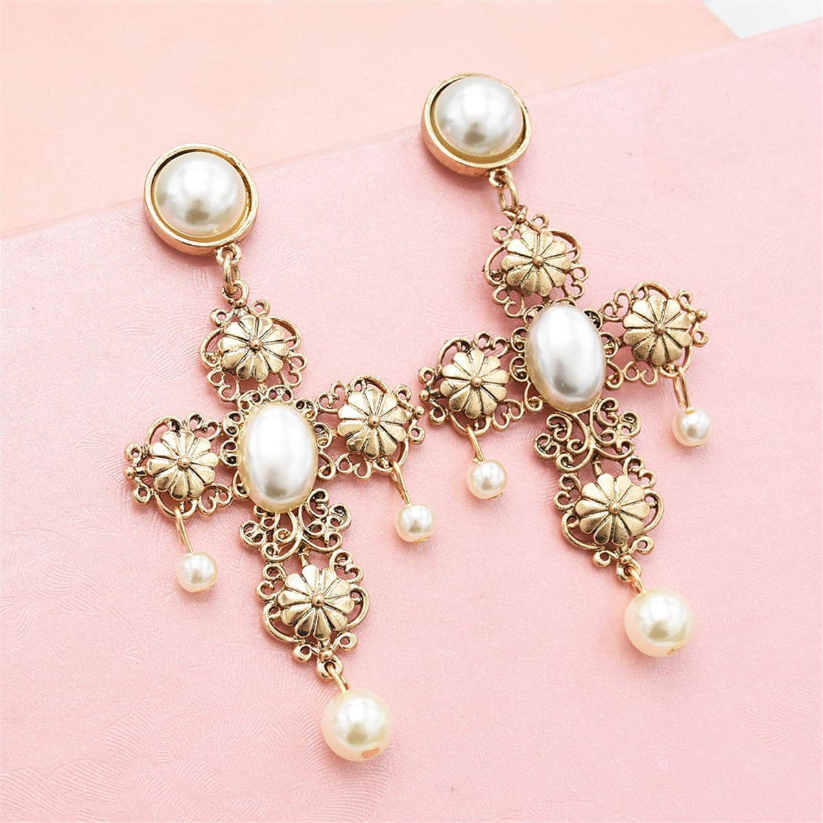 Pearl & 18K Gold-Plated Floral Cross Drop Earrings