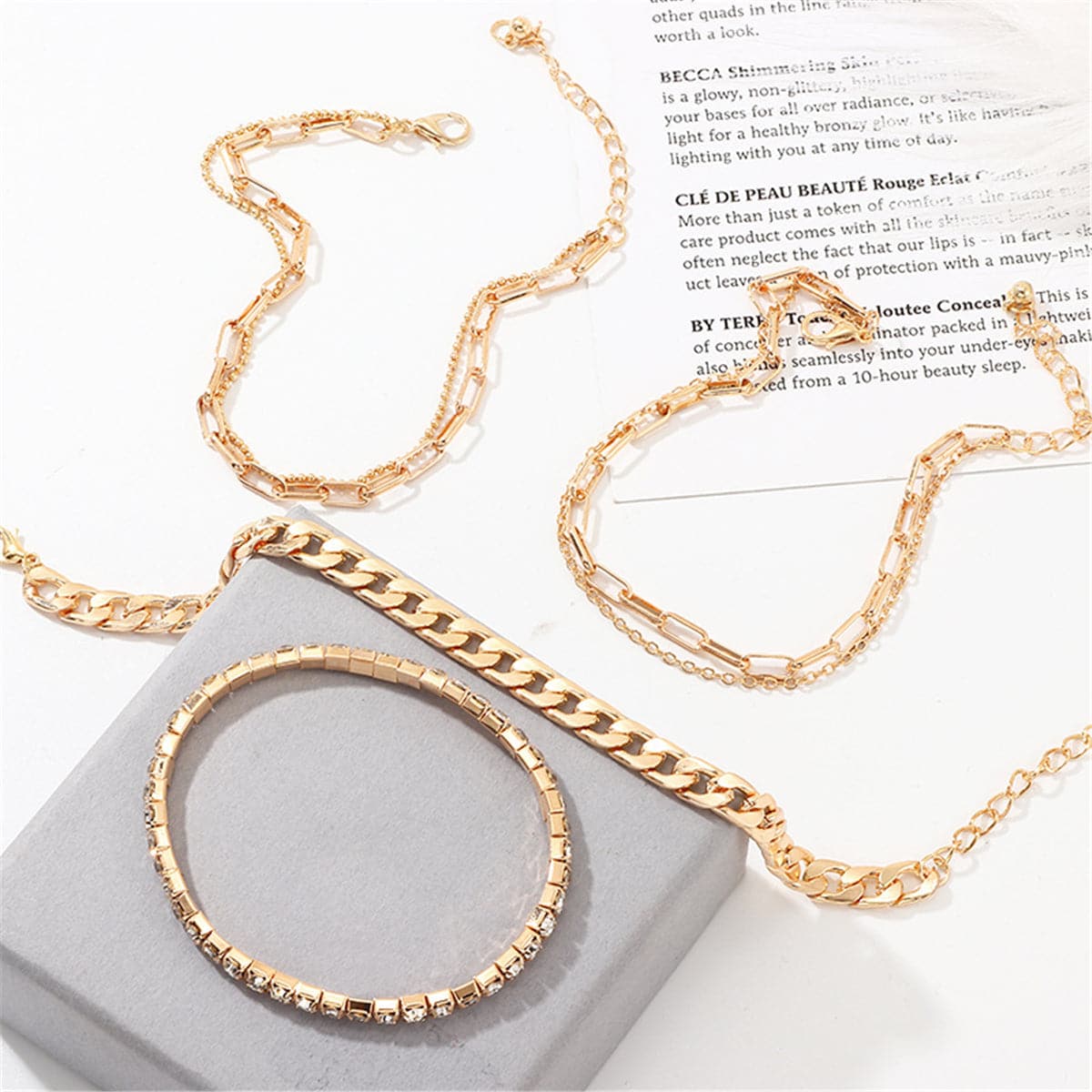 Cubic Zirconia and 18K Gold Plated Figaro Chain Anklet Set, jewelry gift sets for women, everyday style, side view