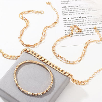 Cubic Zirconia and 18K Gold Plated Figaro Chain Anklet Set, jewelry gift sets for women, everyday style, side view
