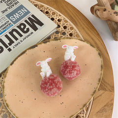 White & Pink Wool Pom-Pom Rabbit Drop Earrings