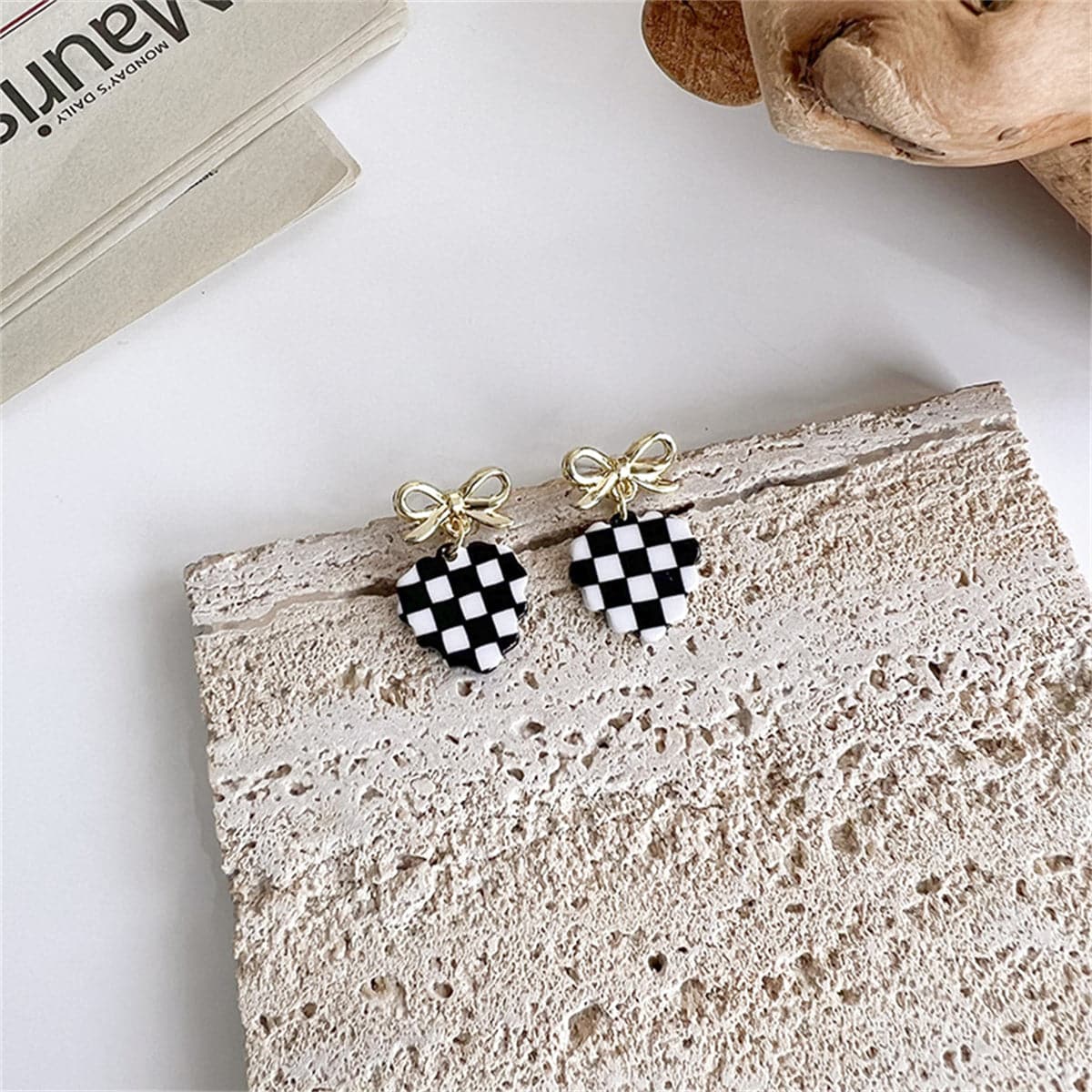 Black and White Acrylic Checkerboard Bow Heart Drop Earrings, drop earrings for women, elegant gift for her, side view