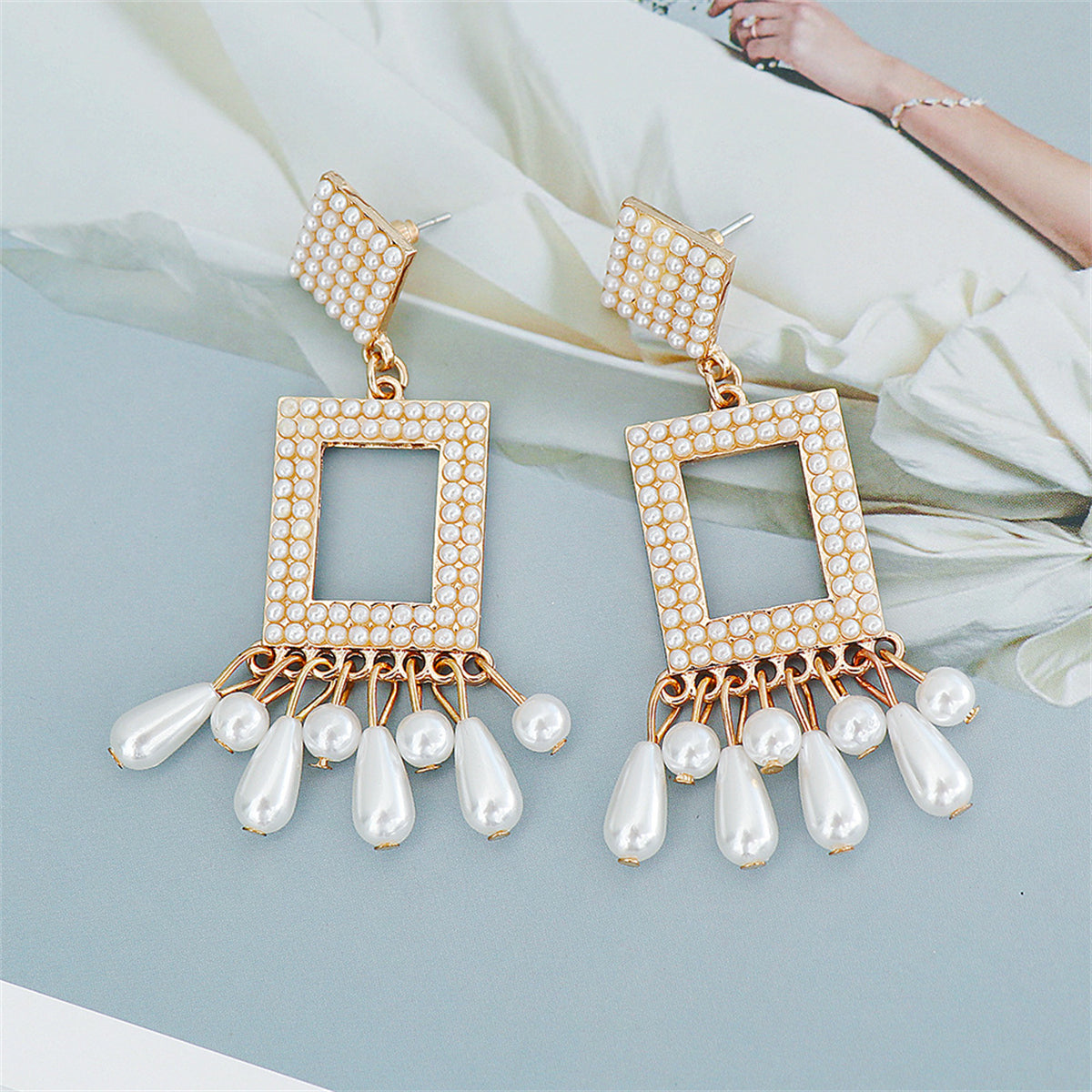 Pearl & 18K Gold-Plated Rhombus Rectangle Tassel Drop Earrings