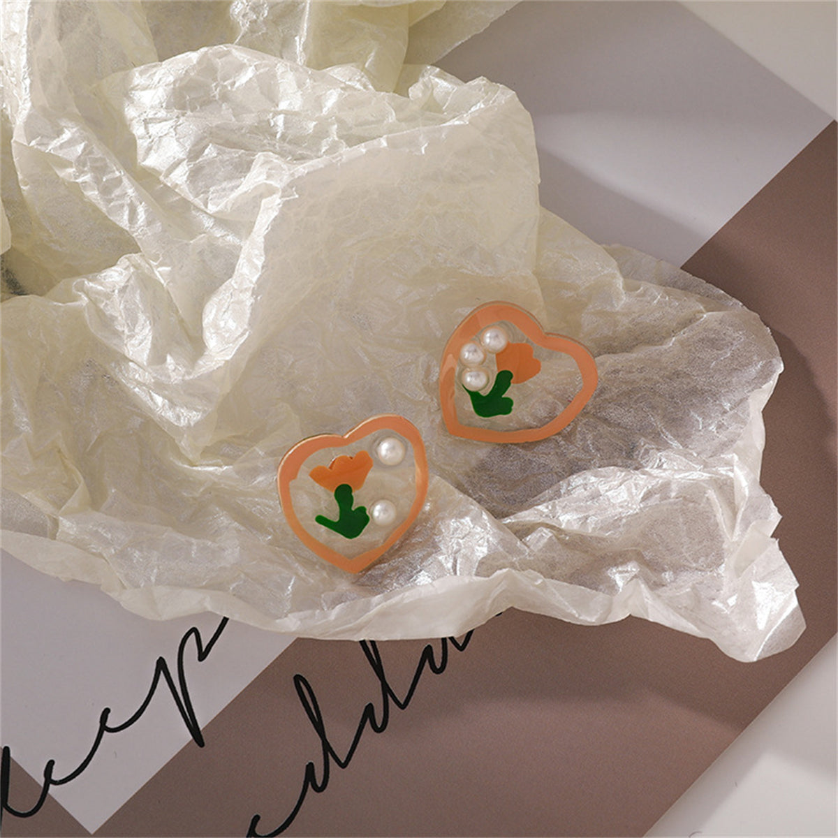 Pearl & Resin Floral Heart Stud Earrings
