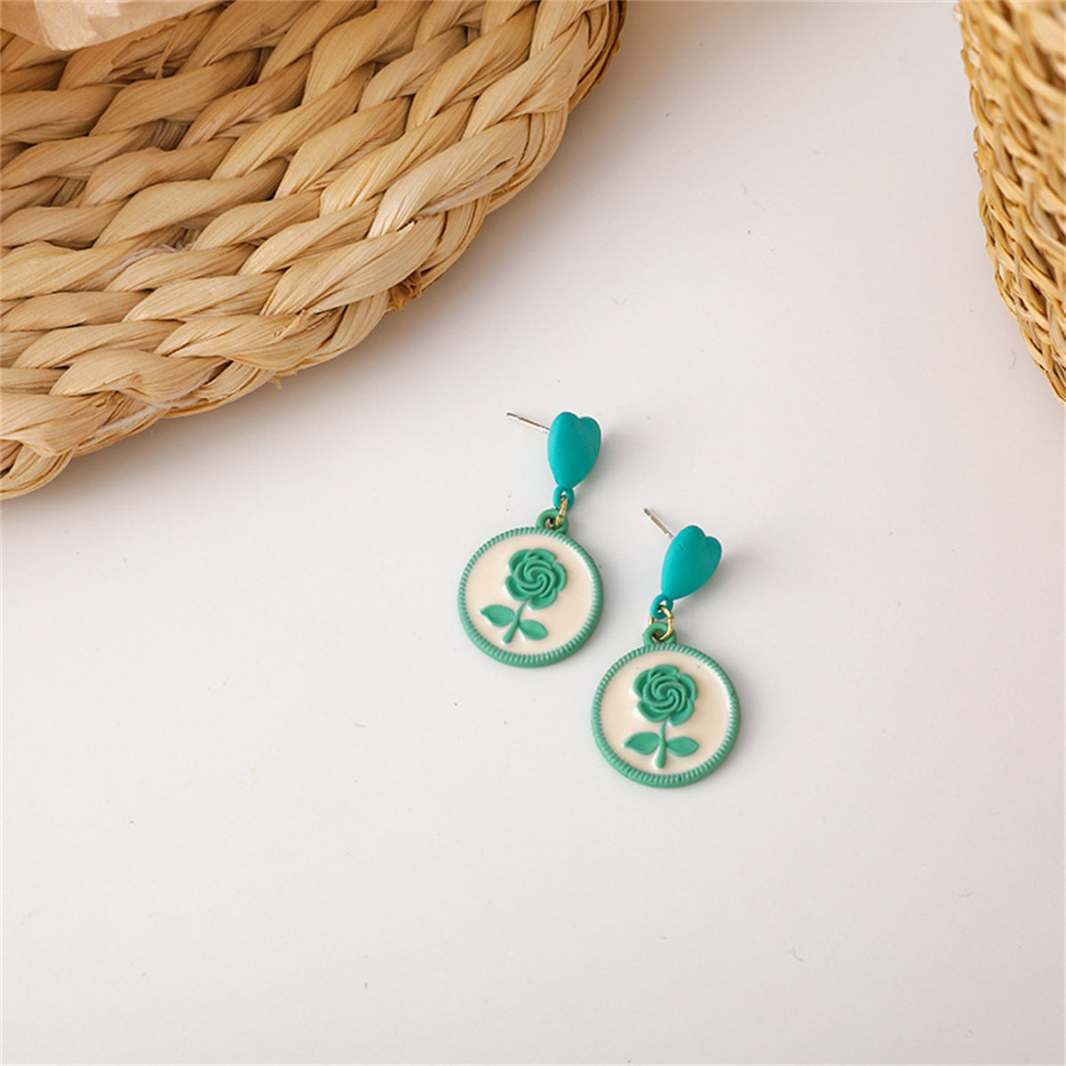 Green Enamel & 18K Gold-Plated Floral Disc Drop Earrings