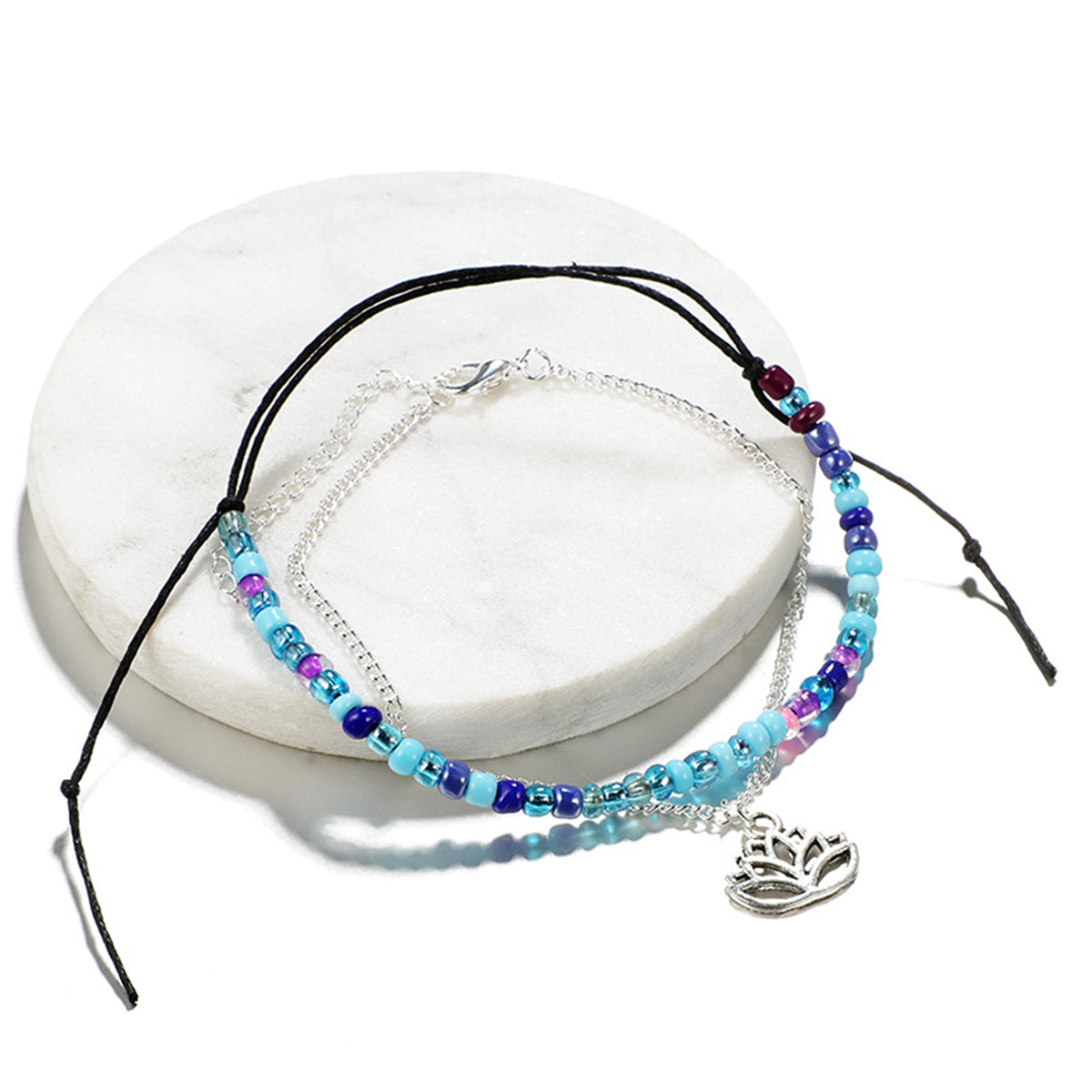 Howlite & Acrylic Adjustable Anklet & Silver-Plated Lotus Charm Anklet