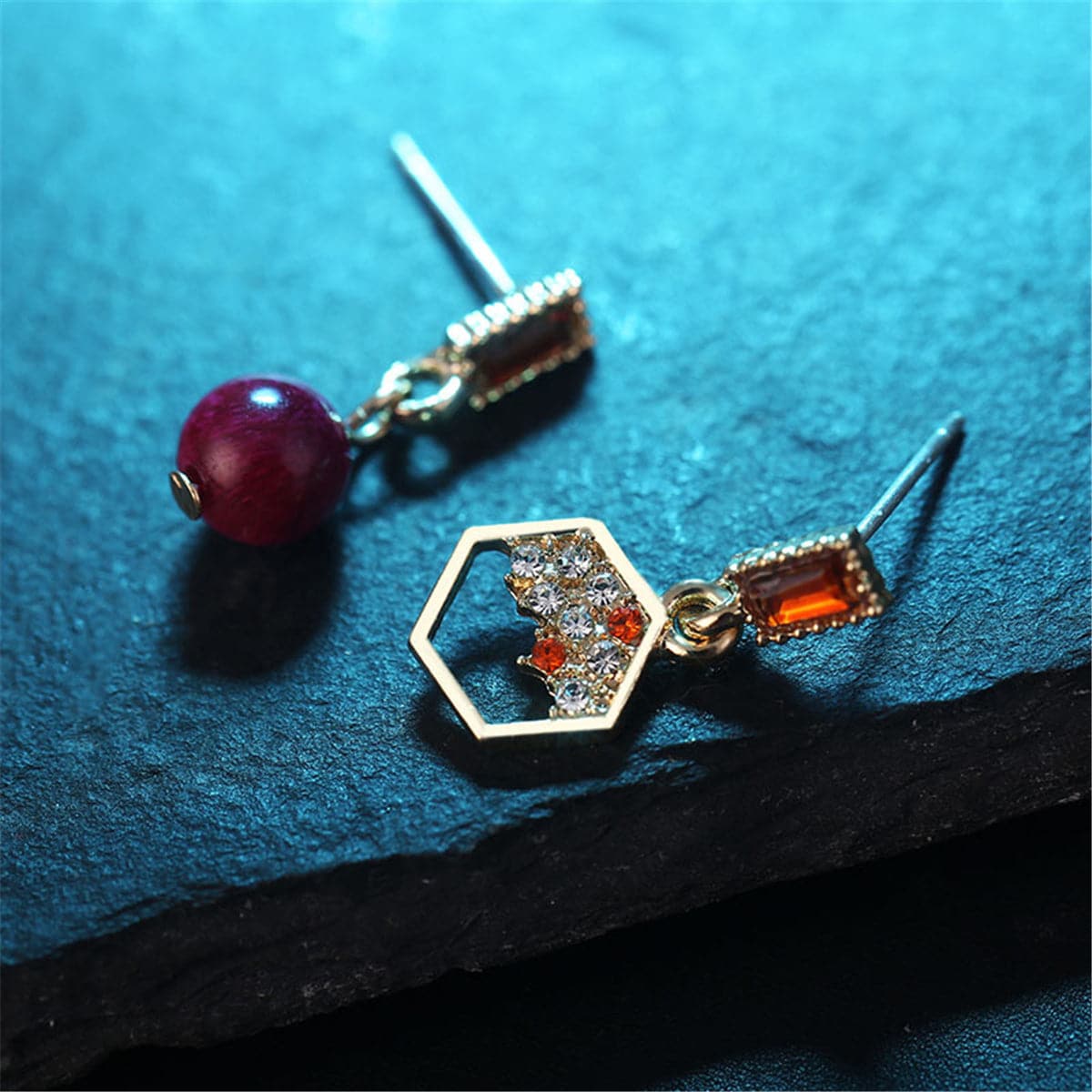 Orange & Purple Agate & Crystal Geometric Asymmetrical Drop Earrings