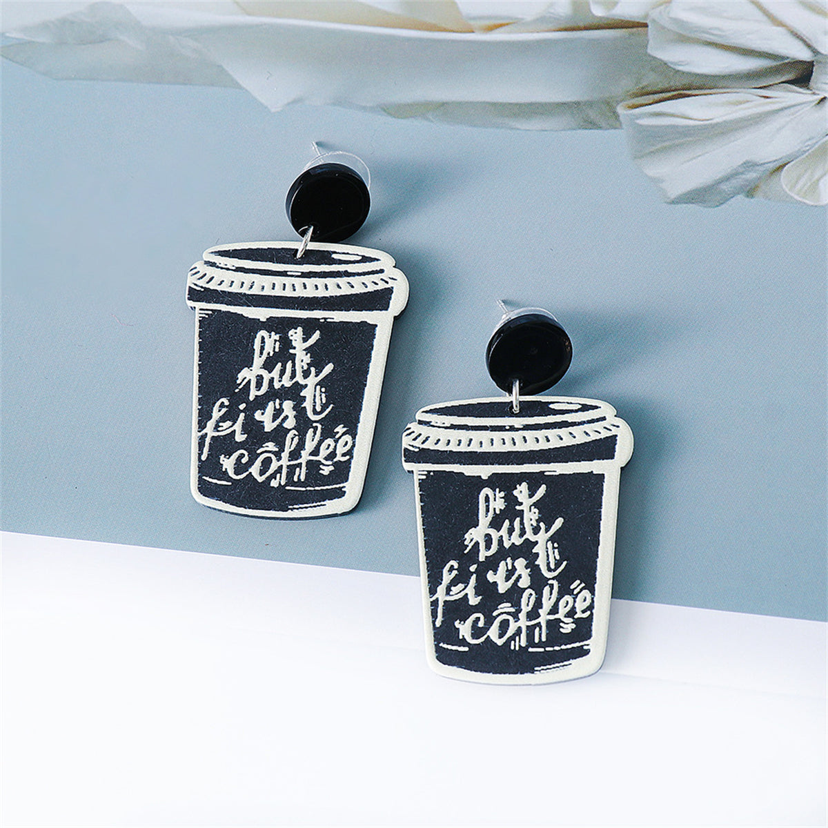 Black & Silver-Plated 'But First Coffee' Drop Earrings