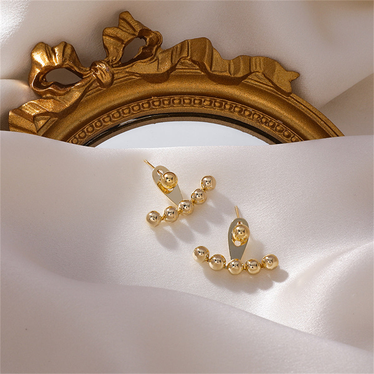 18K Gold-Plated Beaded Ear Jackets, gold stud earrings for women, dainty minimalist design, front view