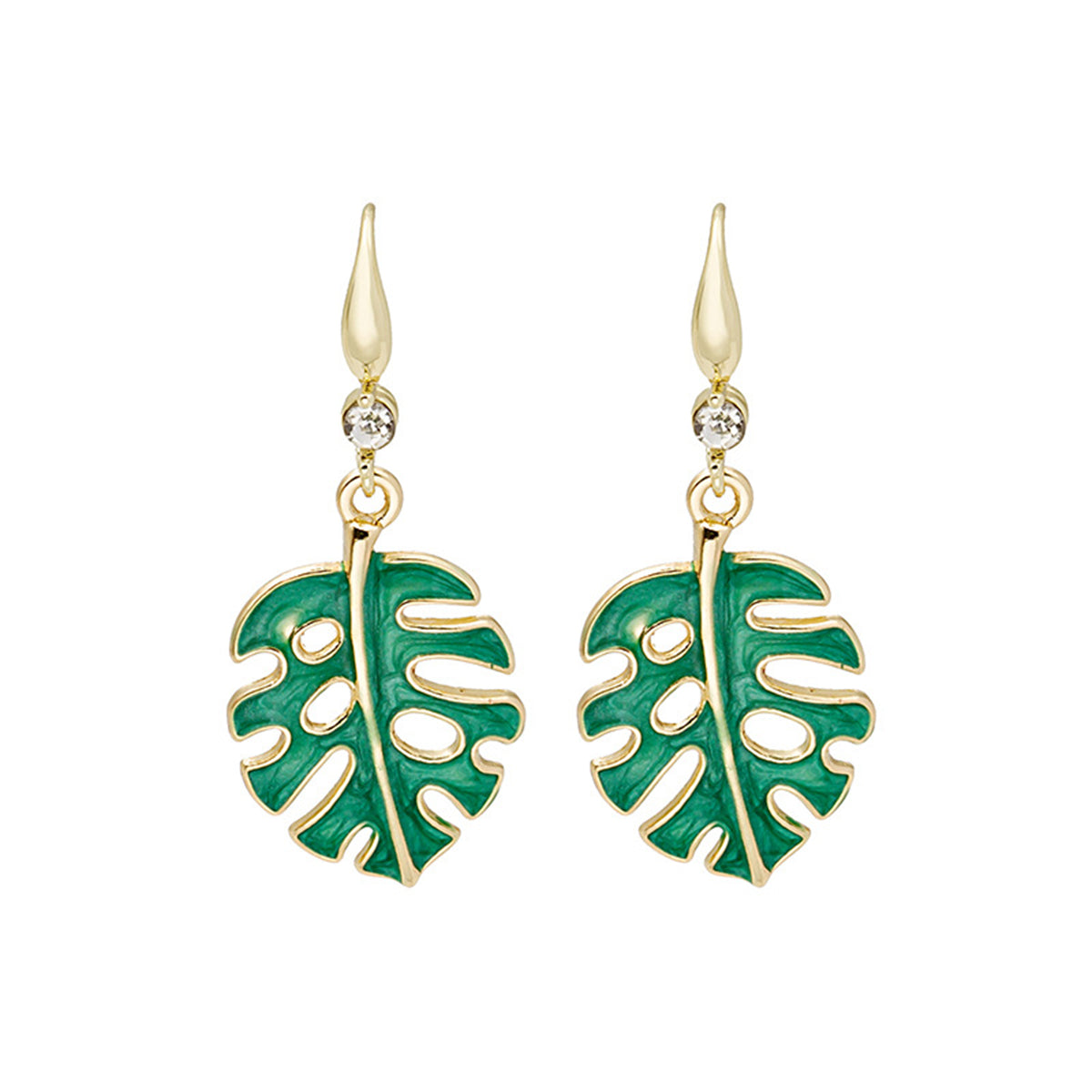 Green Enamel and Cubic Zirconia Openwork Palm Leaf Drop Earrings, drop earrings for women, everyday style, side view