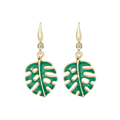 Green Enamel and Cubic Zirconia Openwork Palm Leaf Drop Earrings, drop earrings for women, everyday style, side view