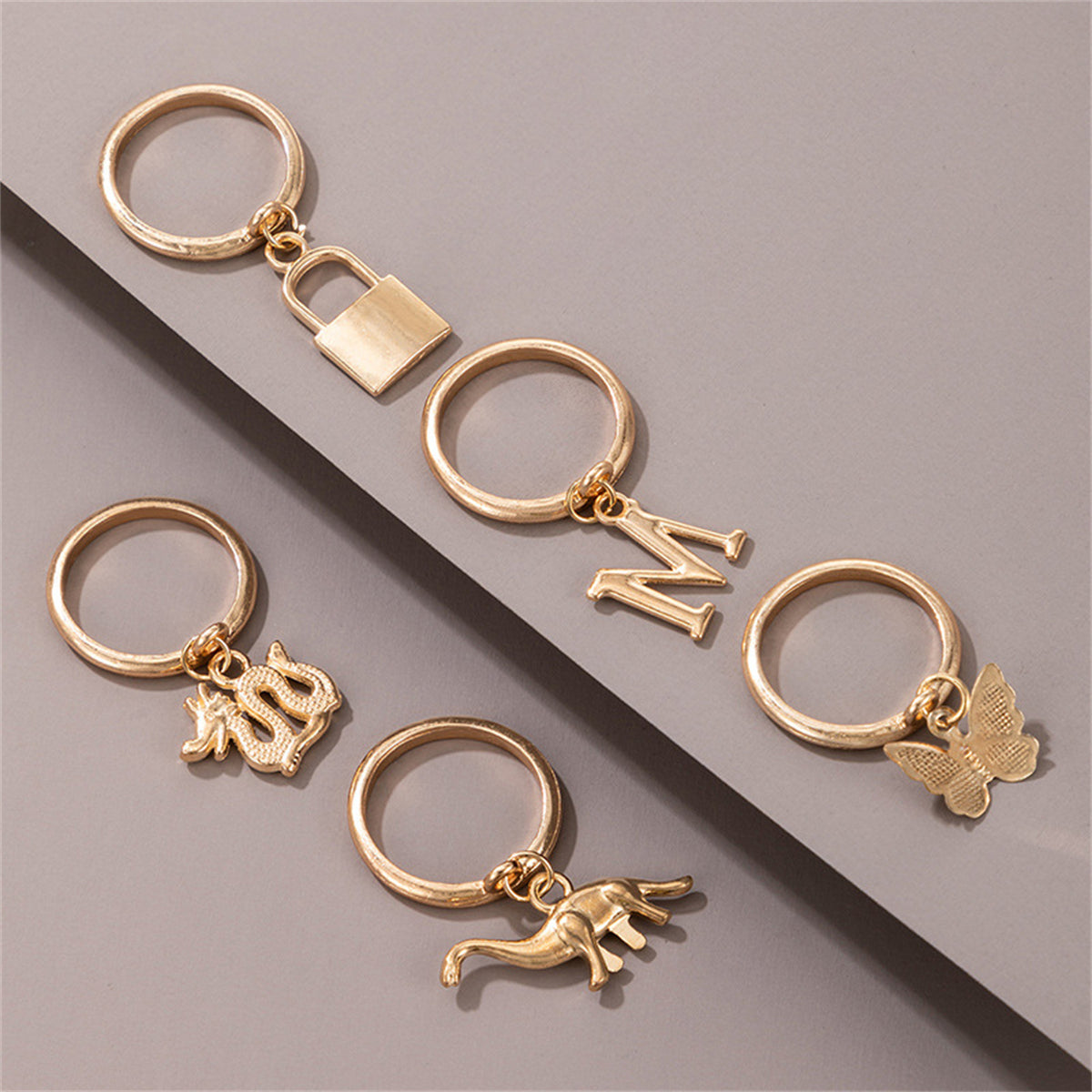 18K Gold-Plated Dragon & Butterfly Charm Ring Set